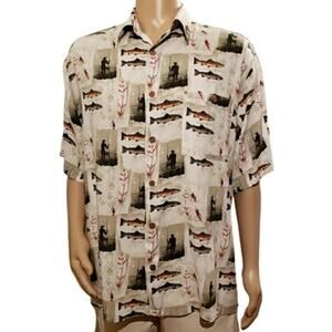 Fisherman & Fish Print Short Sleeve Button Up Shirt Outdoors Men's Size Large